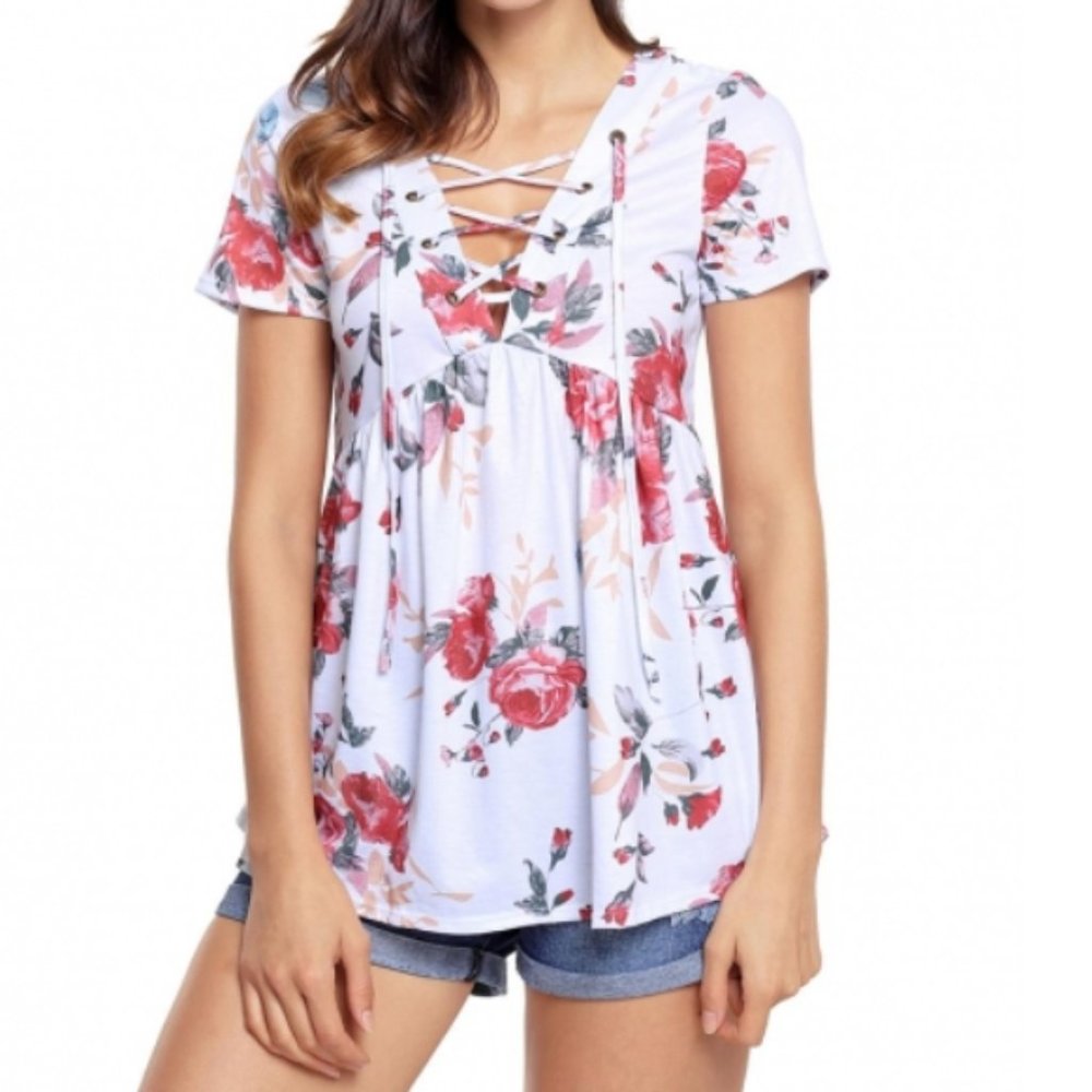 White Floral LaceUp V Neck Tunic - Picture 3 of 12